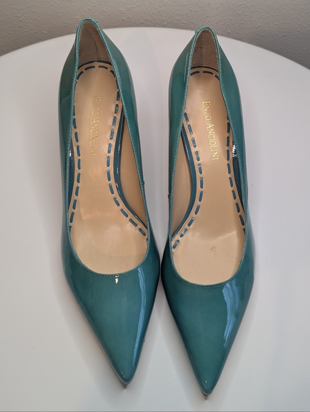 Enzo Angiolini Teal Patent Leather Pointed Toe Kitten Heel Pumps Sz 8